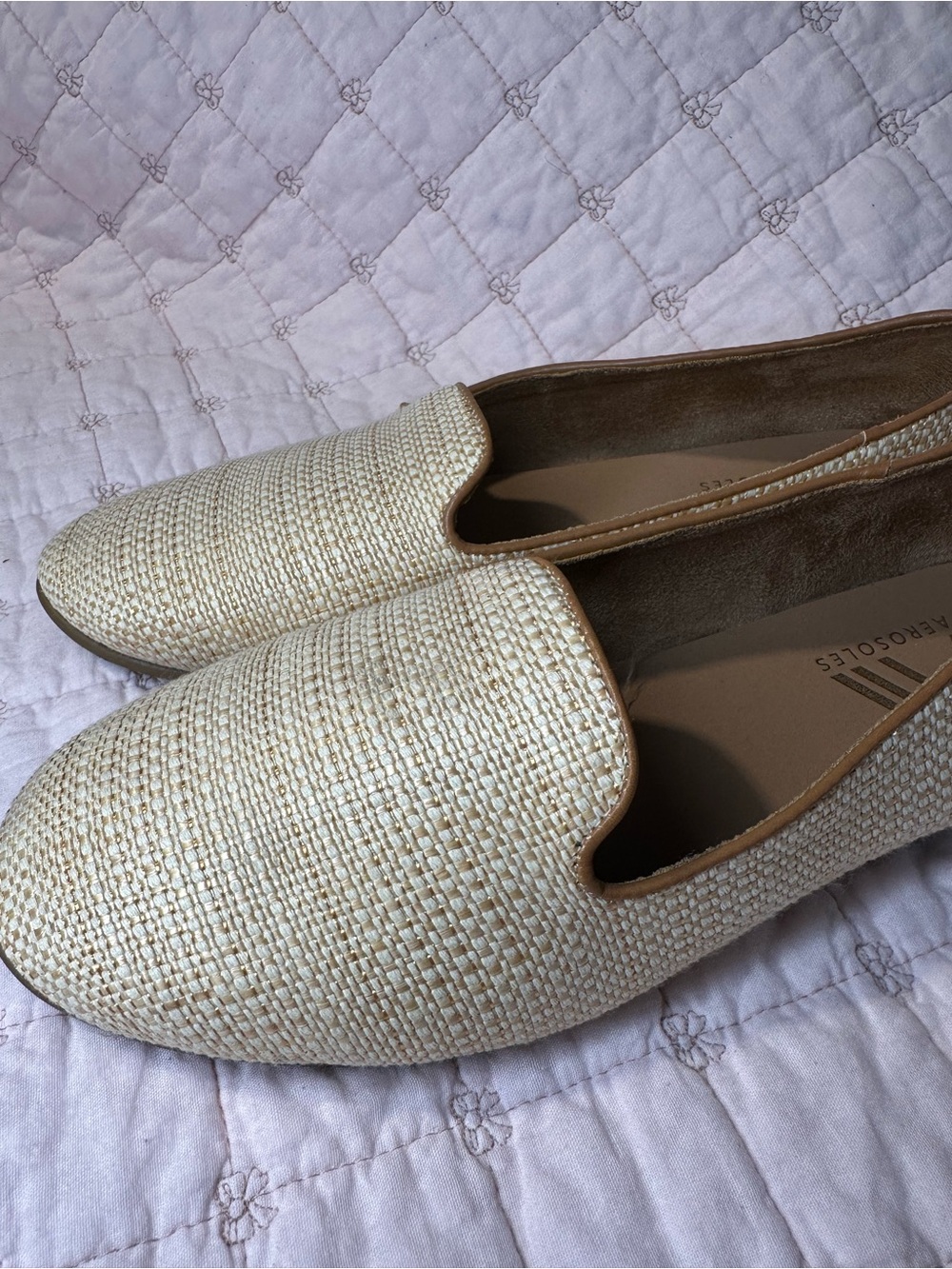 AEROSOLES Cream Woven Slip-On Loafers with Brown Trim